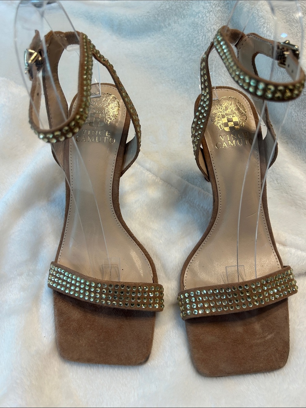 Vince Camuto Brown Suede Ankle-Strap Studded Heels